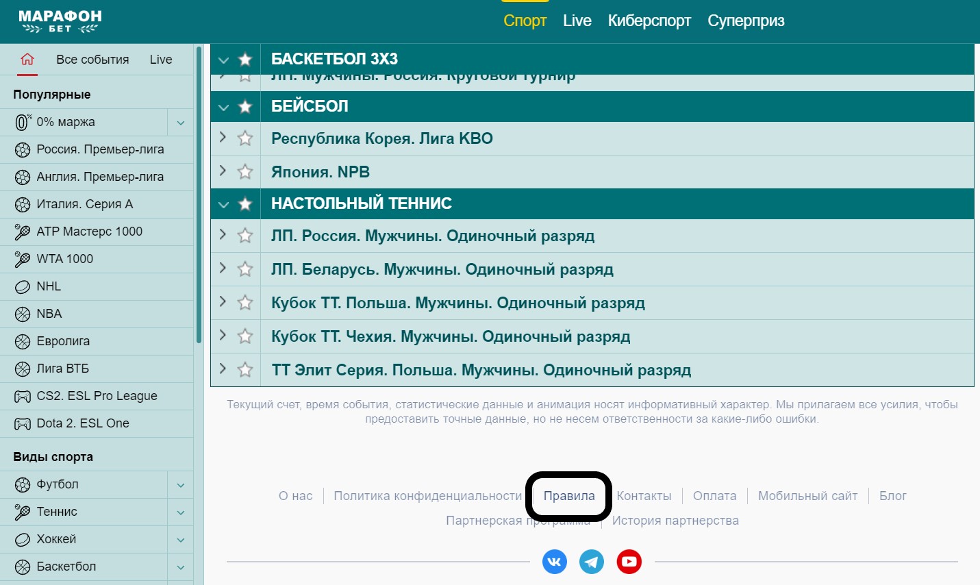Правила ставок в Марафонбет